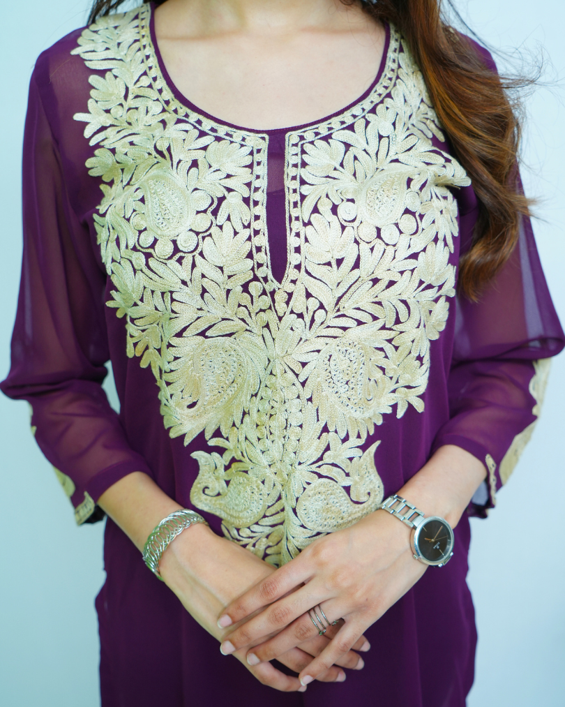 Falak Purple Embroidered Georgette Kurti