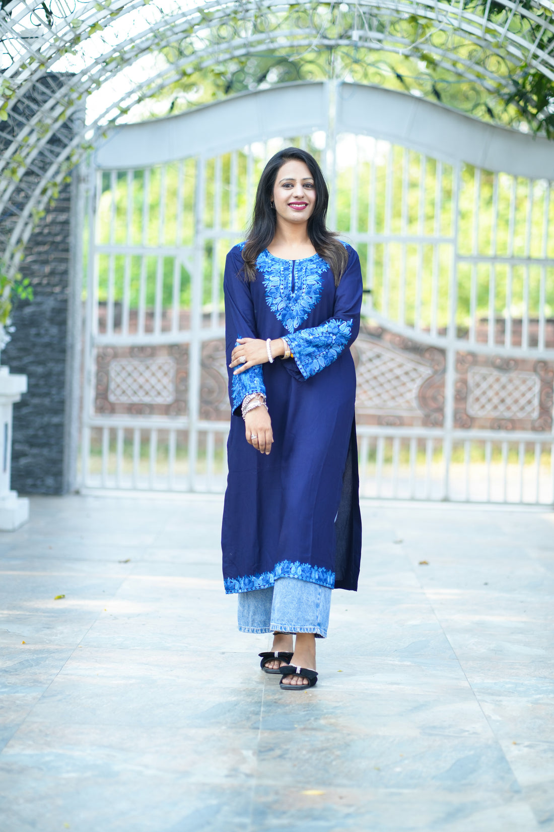 Navy Blue Cotton Kashmiri Aari Embroidered Kurti