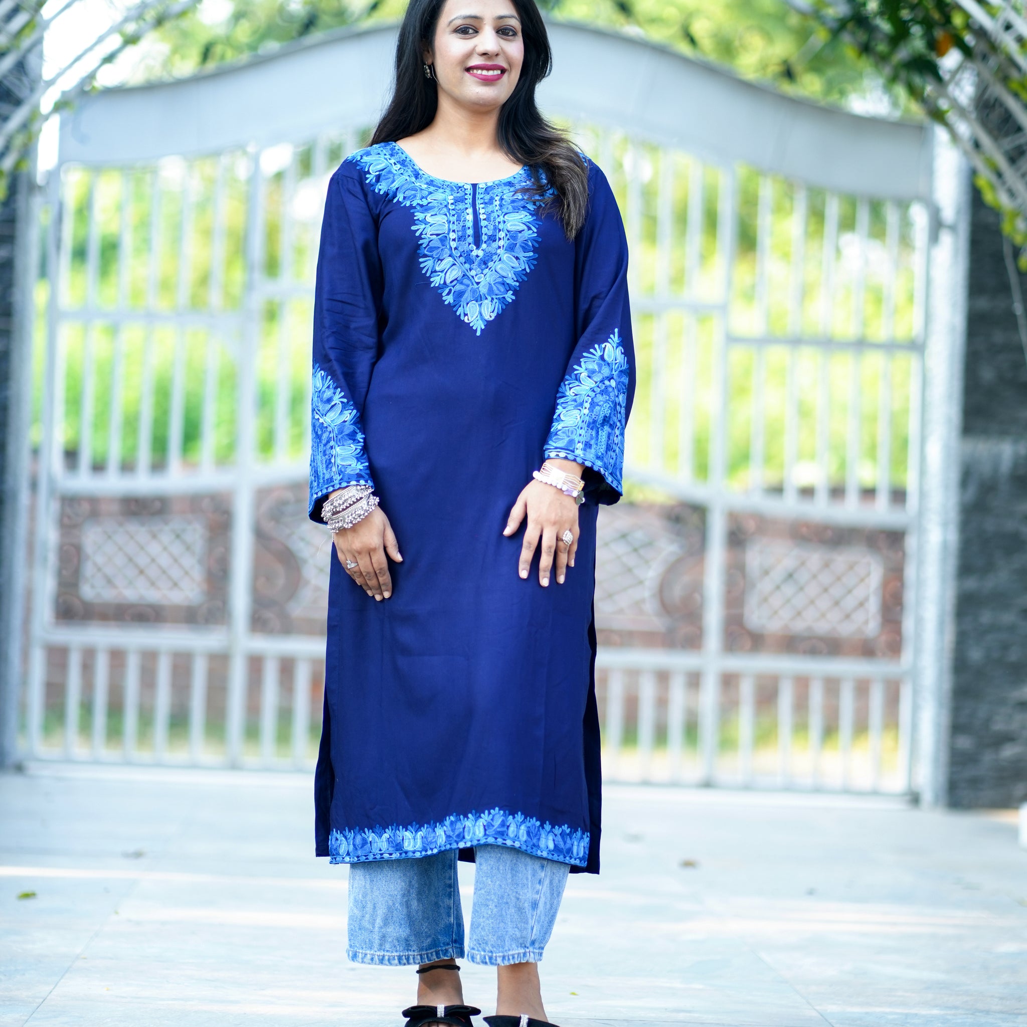 Navy Blue Cotton Kashmiri Aari Embroidered Kurti