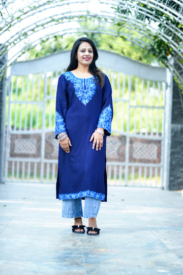 Navy Blue Cotton Kashmiri Aari Embroidered Kurti