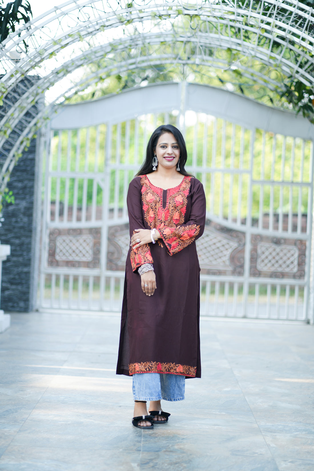 Dark Brown Cotton Kashmiri Aari Embroidered Kurti