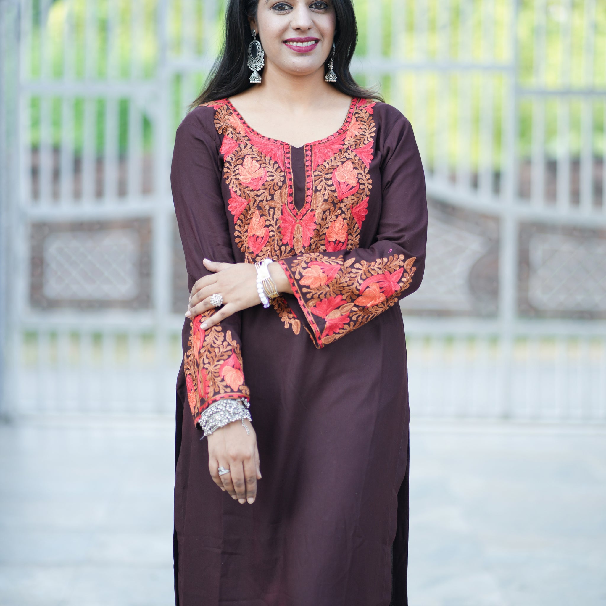 Dark Brown Cotton Kashmiri Aari Embroidered Kurti