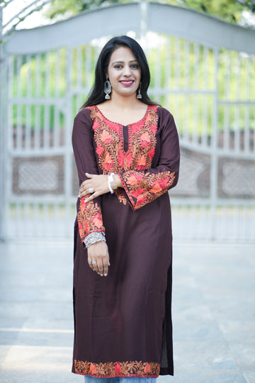 Dark Brown Cotton Kashmiri Aari Embroidered Kurti