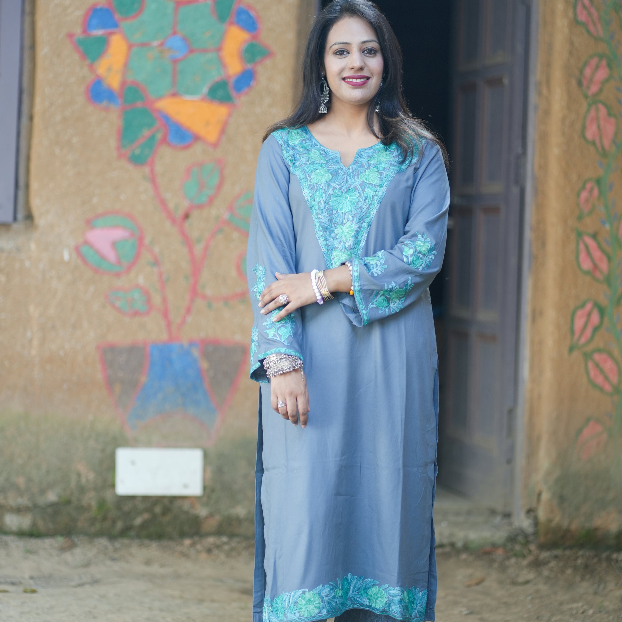 Subtle Grey Cotton Kashmiri Aari Embroidered Kurti