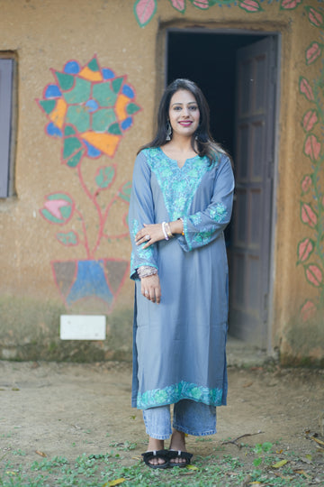 Subtle Grey Cotton Kashmiri Aari Embroidered Kurti