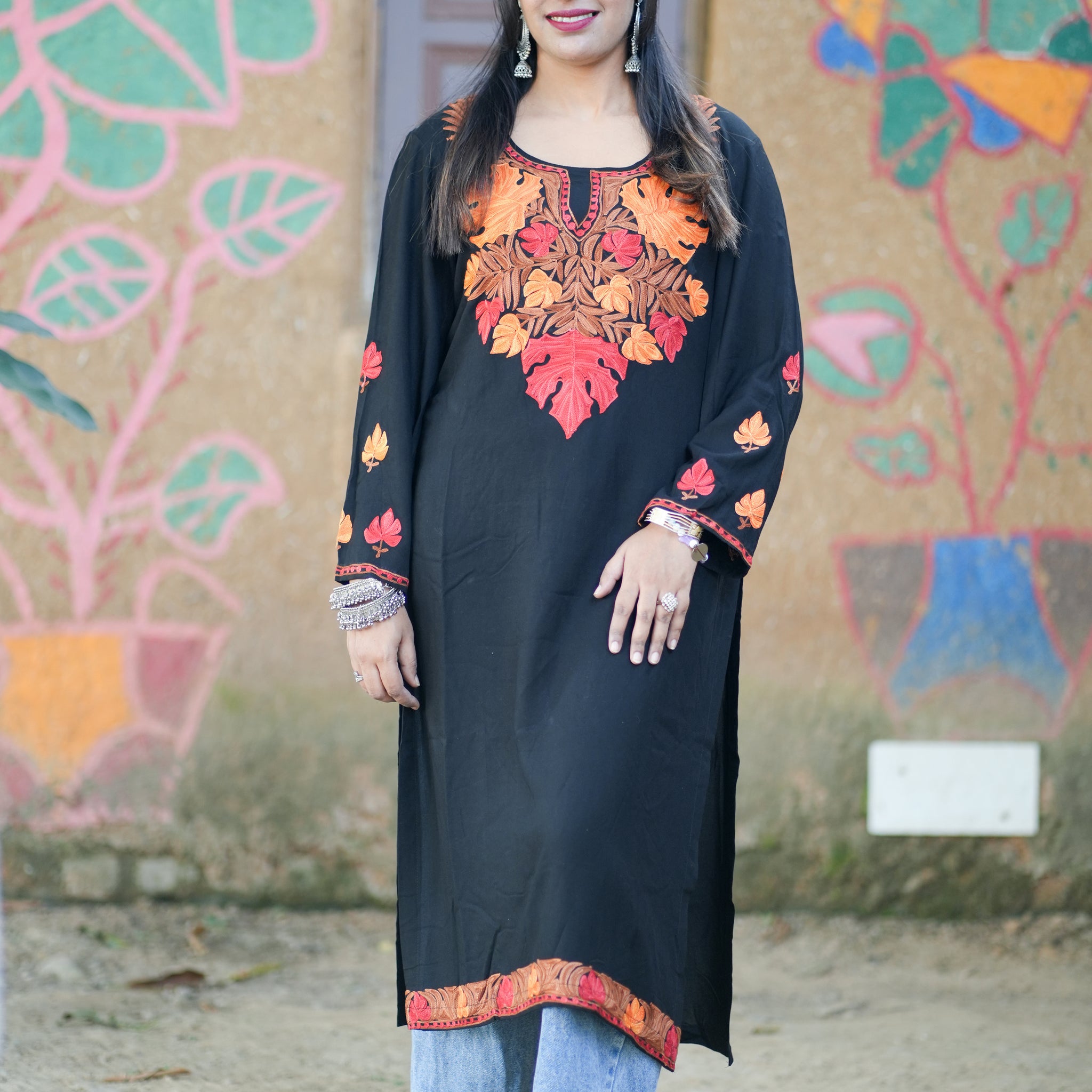 Black Cotton Kurti with Multi-hued Floral Aari Embroidery