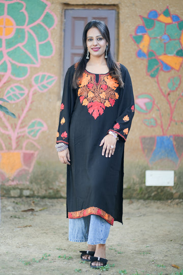 Black Cotton Kurti with Multi-hued Floral Aari Embroidery