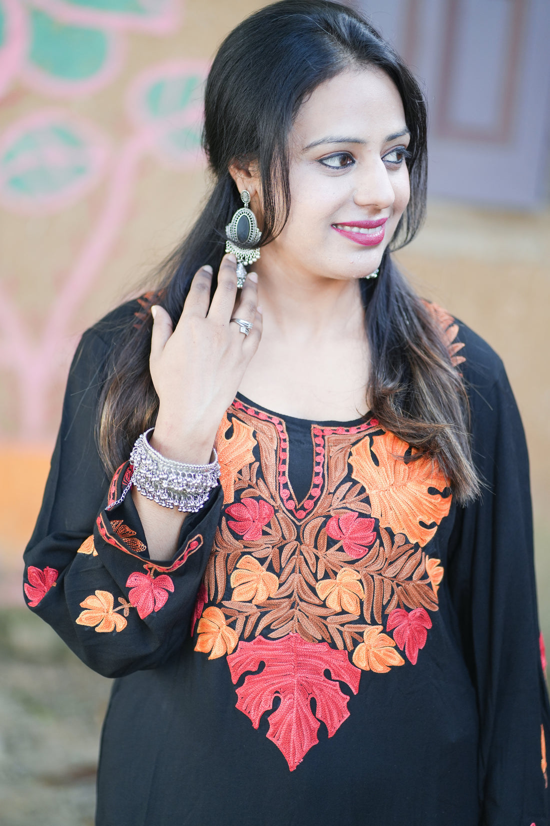 Black Cotton Kurti with Multi-hued Floral Aari Embroidery