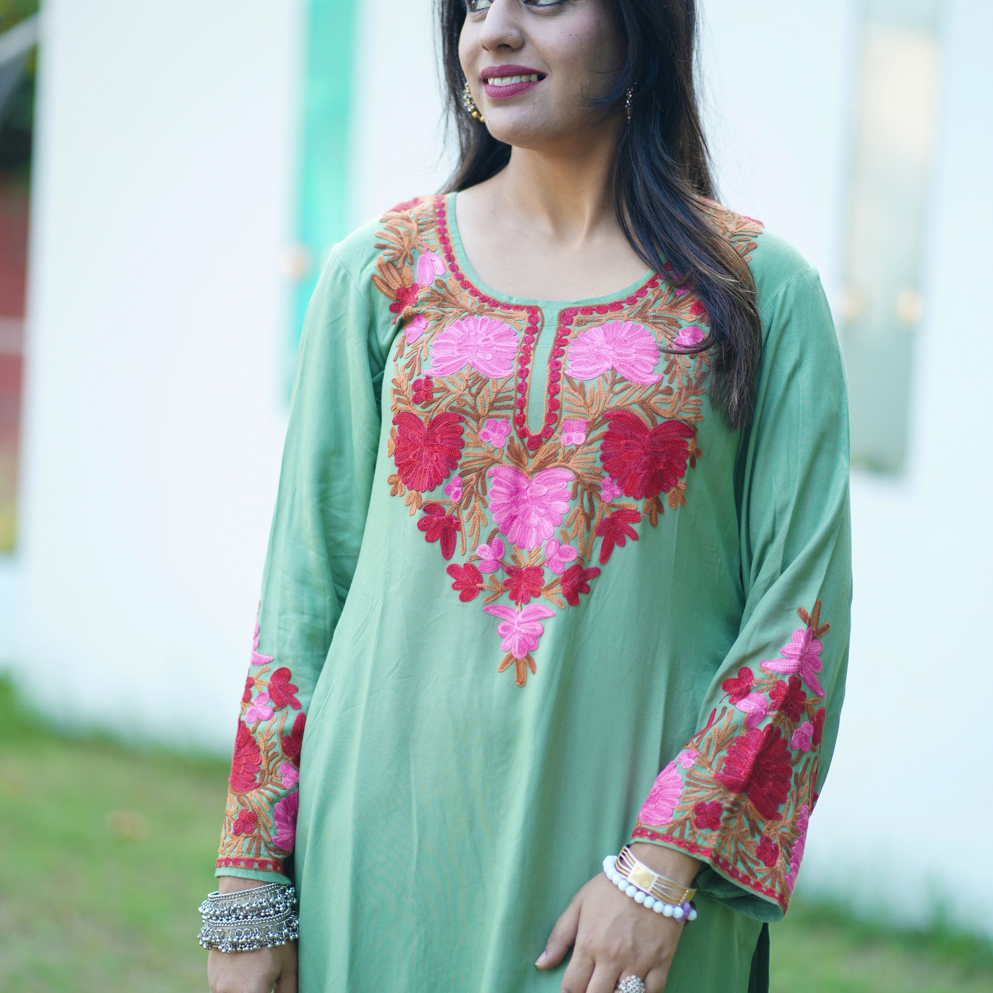 Seafoam Green Cotton Kashmiri Aari Embroidered Kurti