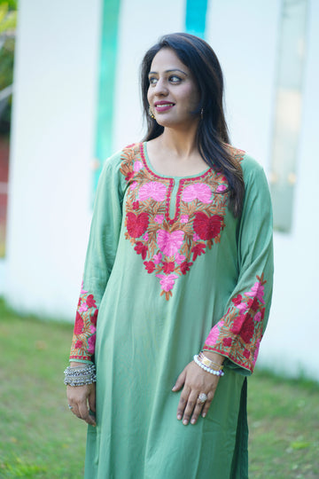 Seafoam Green Cotton Kashmiri Aari Embroidered Kurti