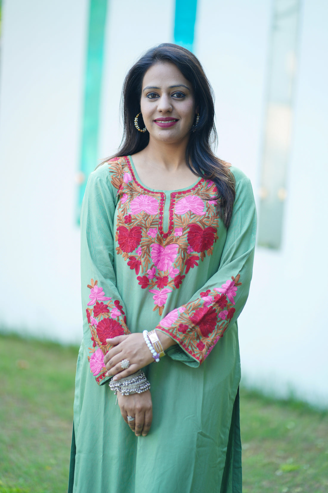 Seafoam Green Cotton Kashmiri Aari Embroidered Kurti