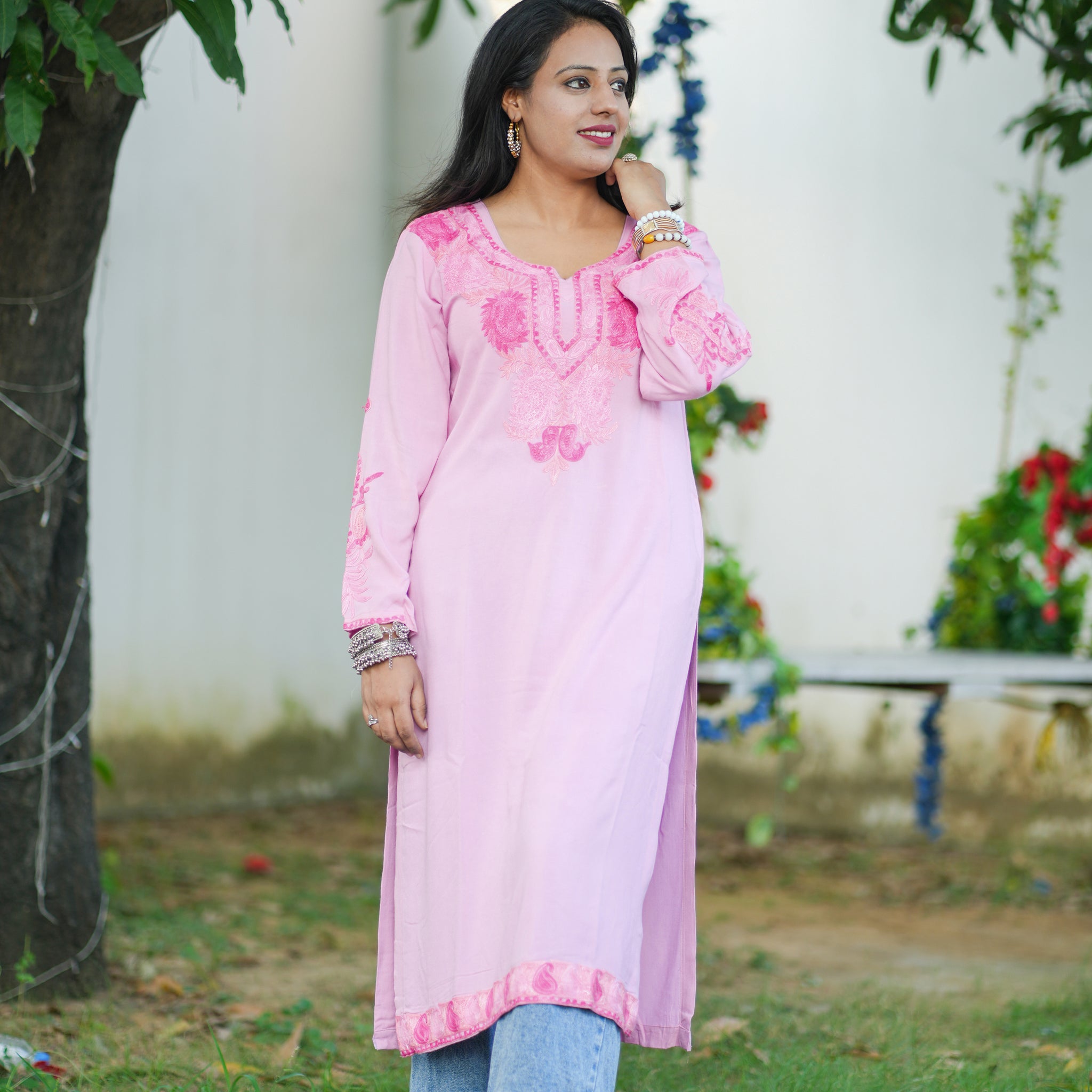 Pastel Pink Cotton Kashmiri Aari Embroidered Kurti