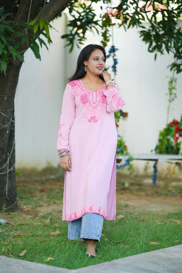 Pastel Pink Cotton Kashmiri Aari Embroidered Kurti