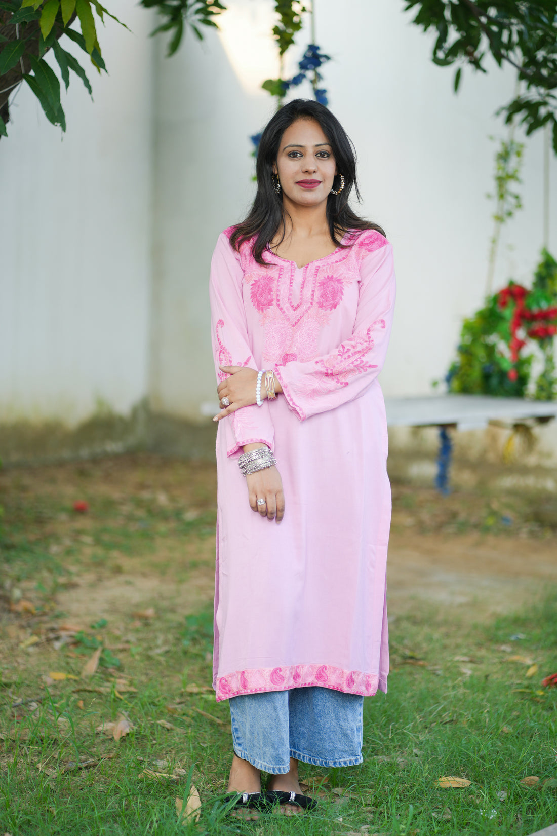 Pastel Pink Cotton Kashmiri Aari Embroidered Kurti