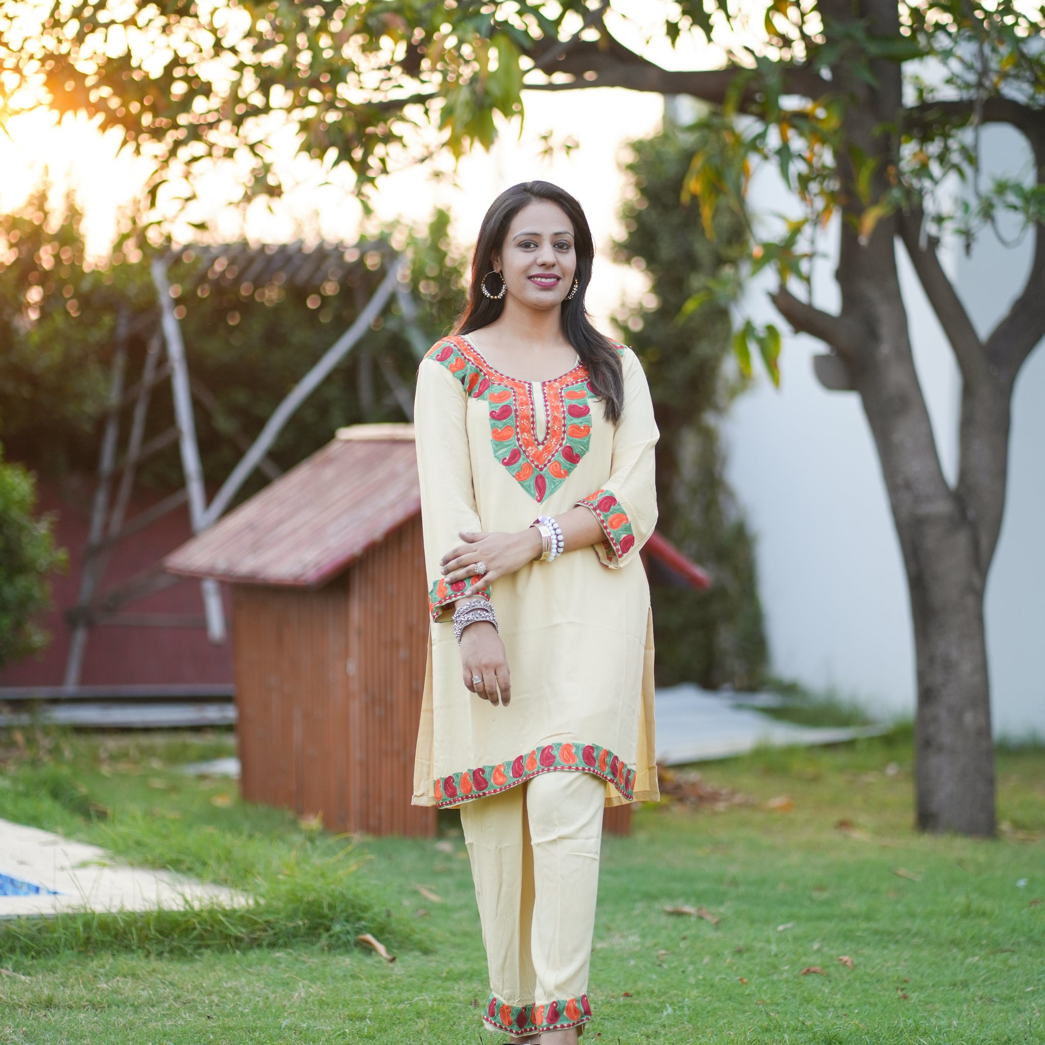 Timid Cream Color Kashmiri Aari Embroidered Co-ord Set