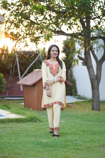 Timid Cream Color Kashmiri Aari Embroidered Co-ord Set