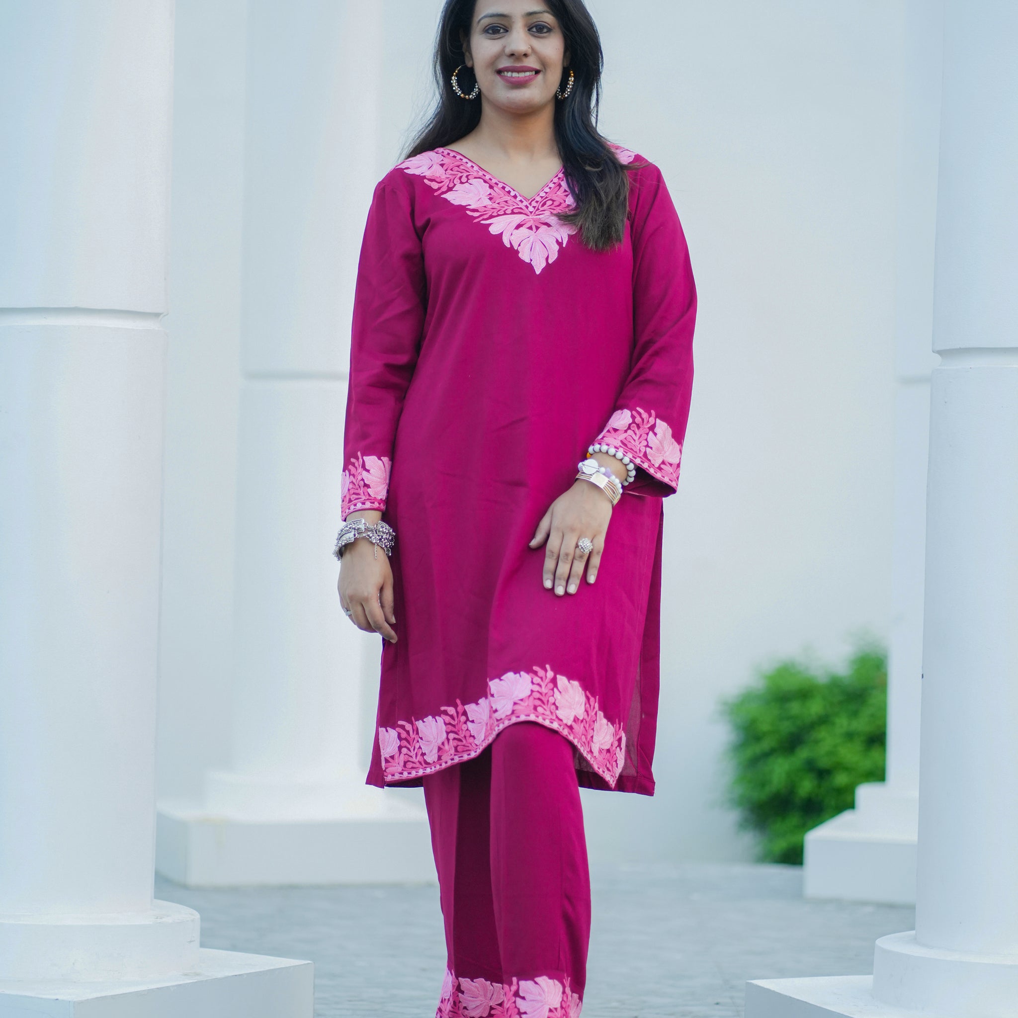 Magenta Pink Kashmiri Aari Embroidered Co-ord Set