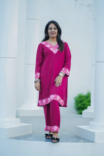 Magenta Pink Kashmiri Aari Embroidered Co-ord Set