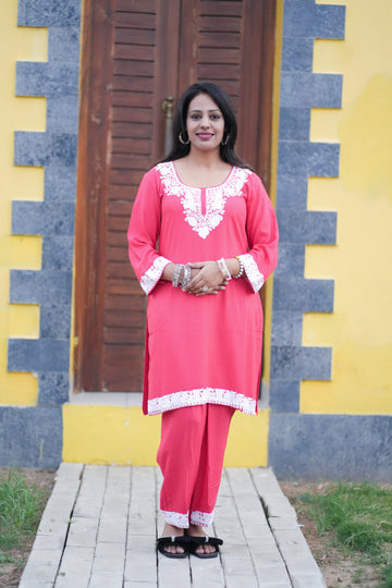 Pink Color Kashmiri Co-ord Set with White Aari Embroidery