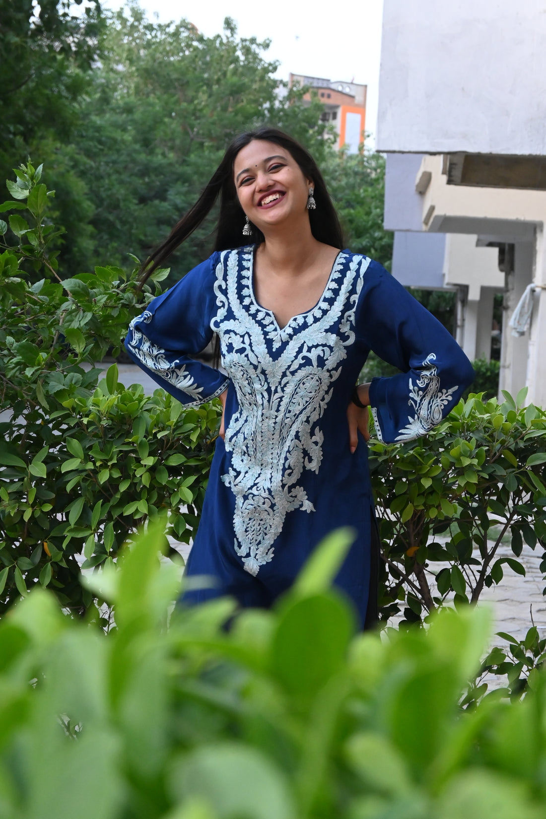 Neelam Blue Crepe Kurti with Aari Embroidery